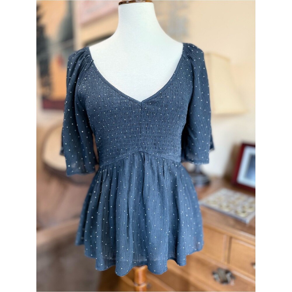 New with Tags Hem & Thread Navy Rhinestuds V-Neck Peplum Blouse sz LARGE - Picture 3 of 6